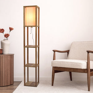 Pinnacle Shelf Floor Lamp For Bedroom/Living Room, Natural Wood with Long Shade