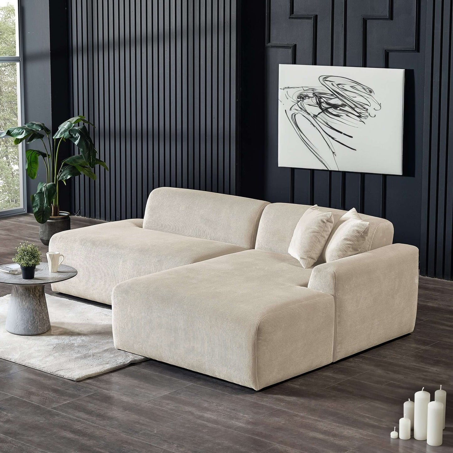 Doxtor Cream Velvet Mid-Century Modern Symmetrical Right Sectional