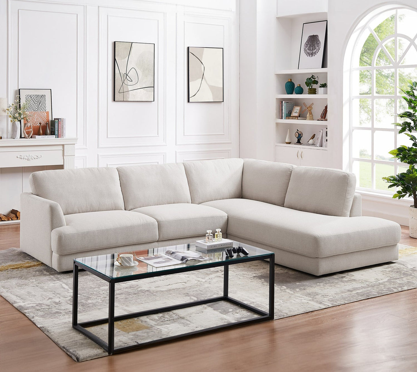 Glander 108" Cream Linen Cozy Sectional Sofa