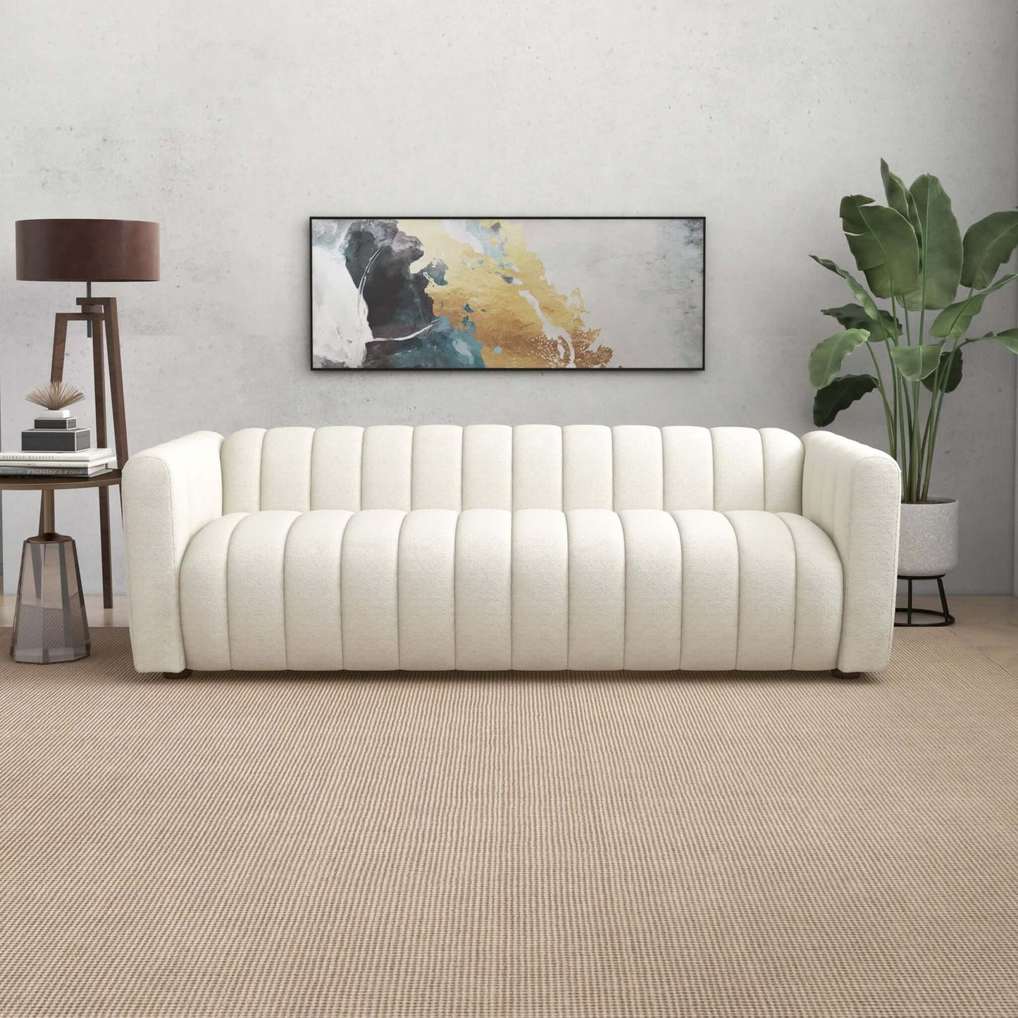 Elrosa Beige Boucle Channel Tufted Sofa