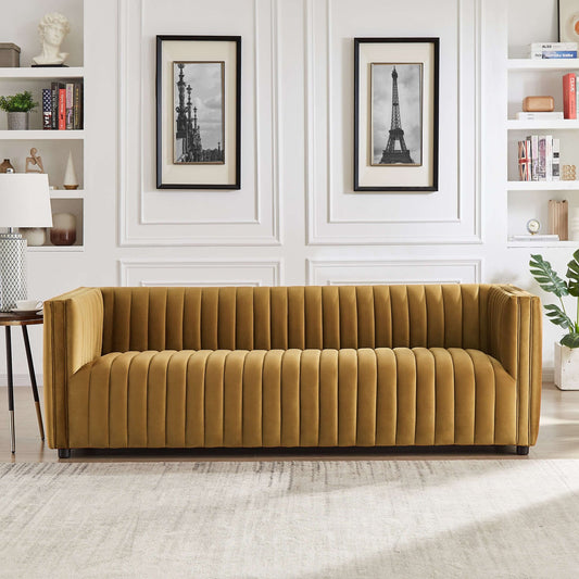 Dominic Channel Tufted Dark Yellow Velvet Sofa