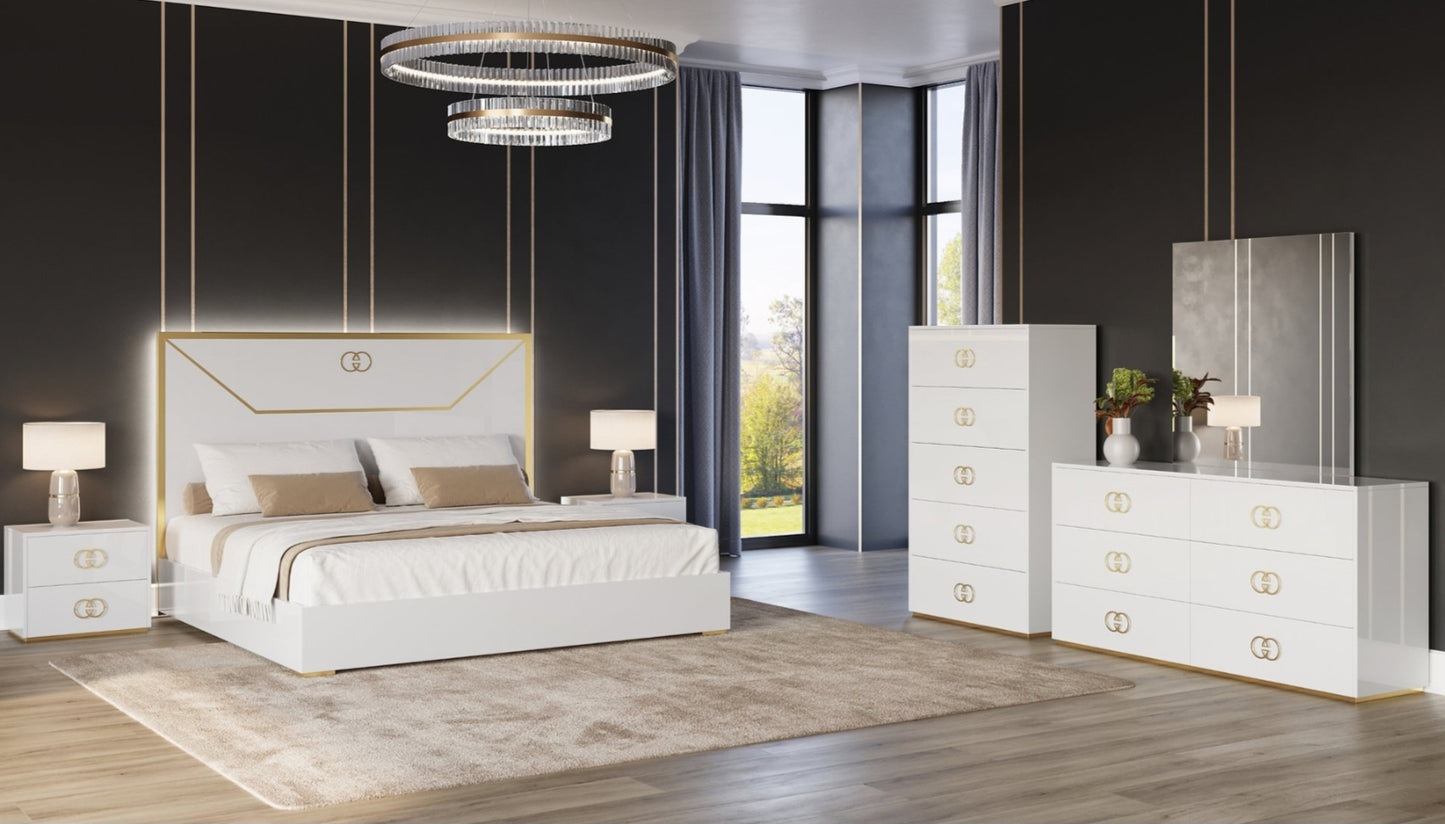 Vogue White/Gold LED Panel Bedroom Set