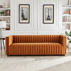 Dominic Channel Tufted Orange Velvet Sofa