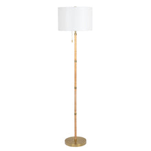 Load image into Gallery viewer, Stellar Wood Rattan Tube , Gold Brass Metal and White Linen Shade Floor Lamp