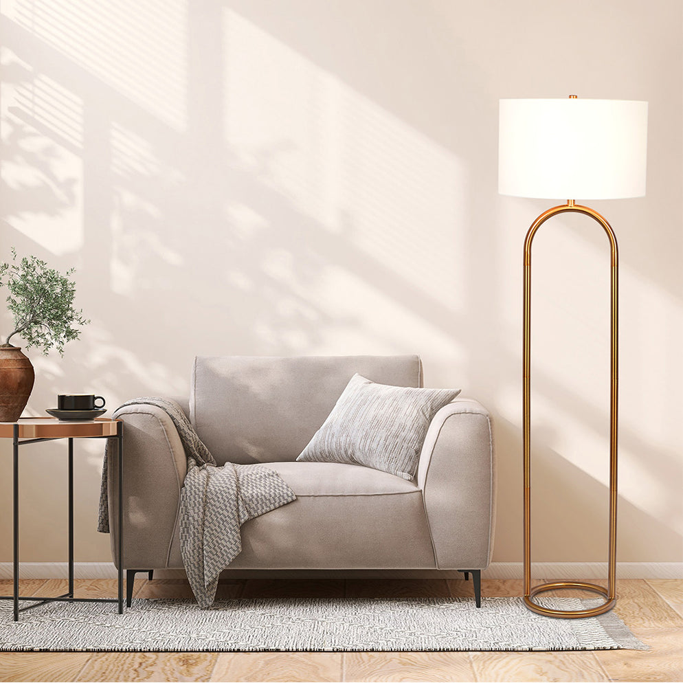 Vivid Brass Ring Base Floor Lamp with Large White Drum Shade