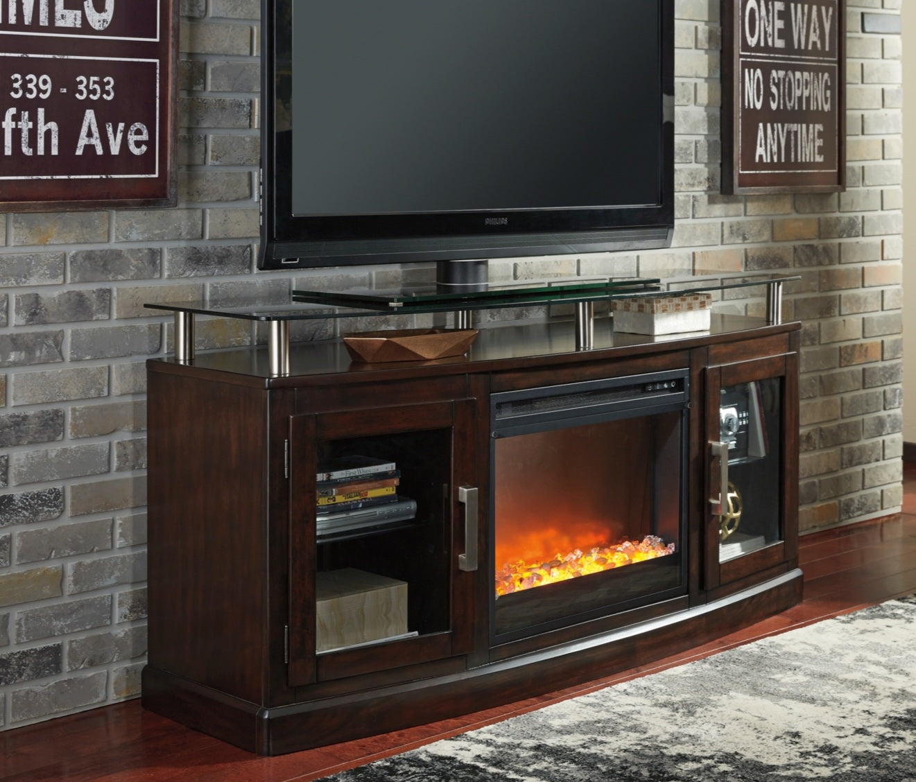 Chanceen Dark Brown 60" TV Stand with Fireplace | W757-48