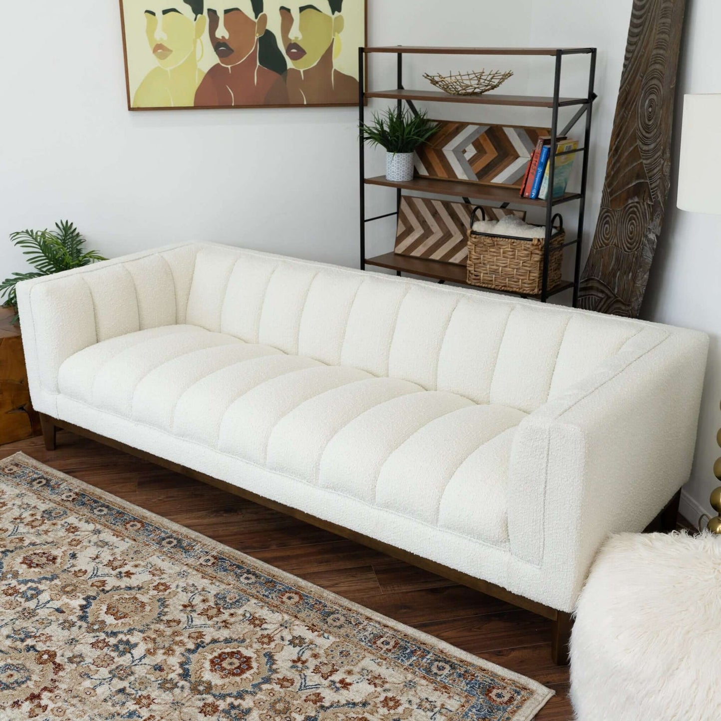 Melissa 91" Mid-Century Modern White Boucle Sofa