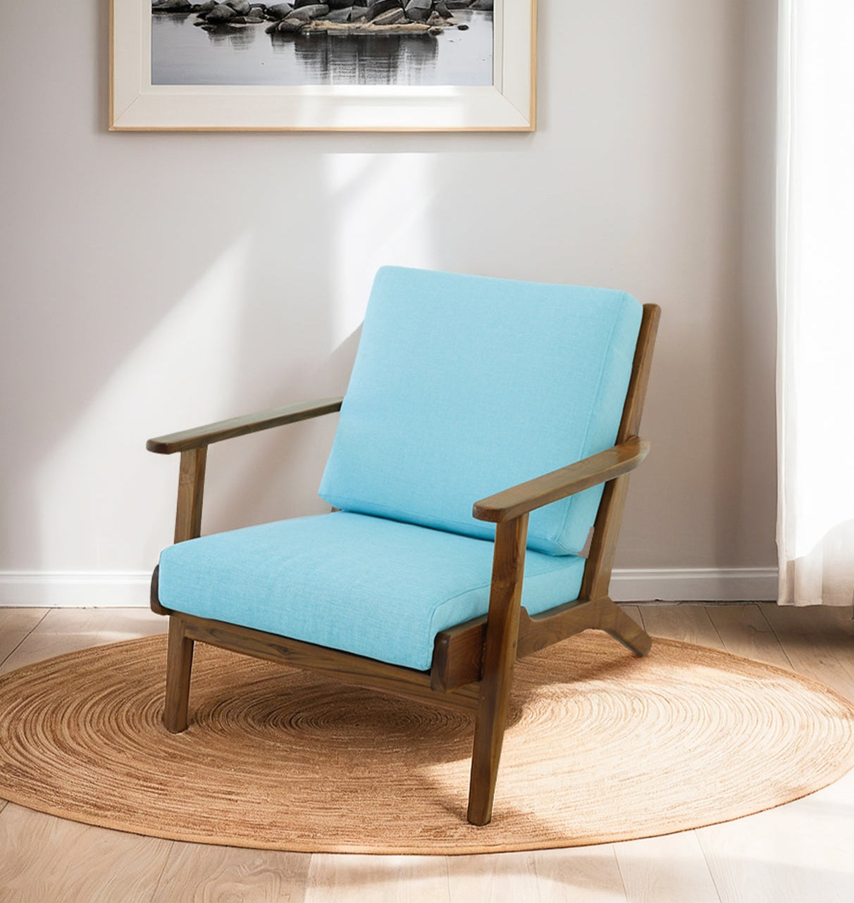 Connor Solid Wood Linen Lounge Chair - Sky Blue