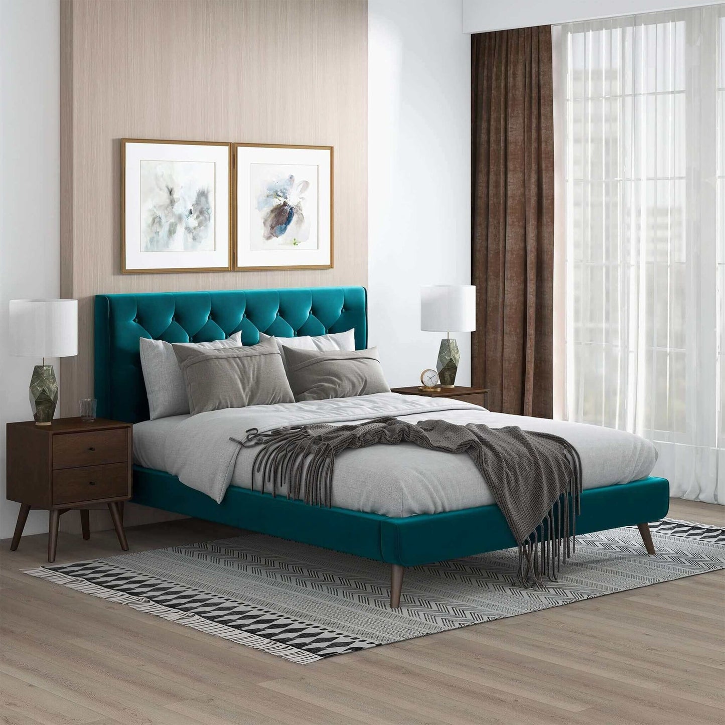 Dillon Mid-Century Modern Teal Velvet Queen Platform Bed