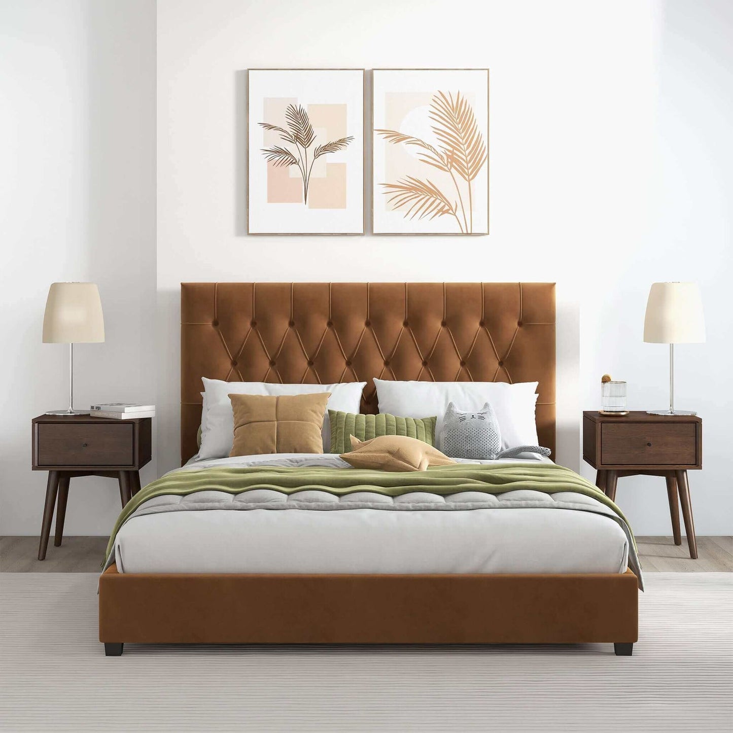 Donald Mid Century Modern Cognac King Velvet Platform Bed