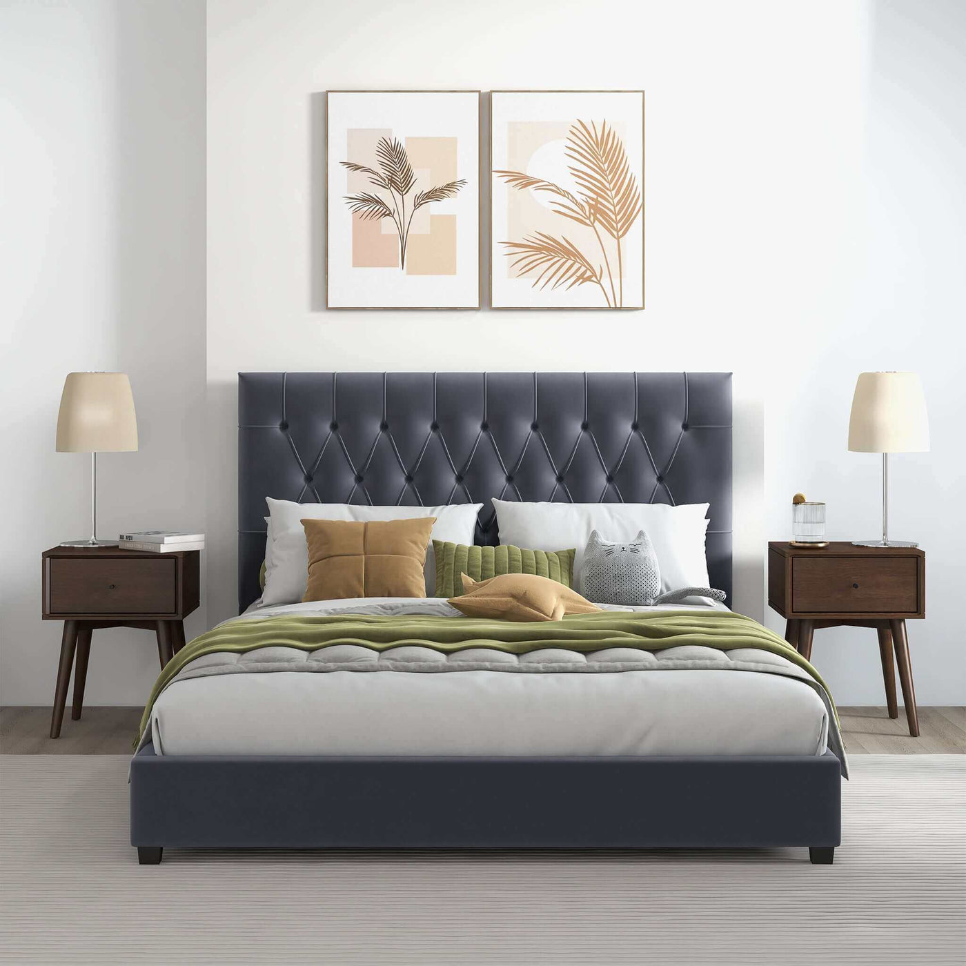 Donald Mid Century Modern Grey King Velvet Platform Bed