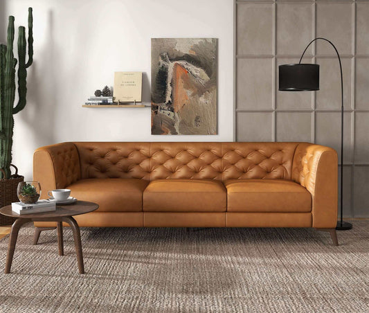 Carter Tan Tufted Tight Back Genuine Leather Sofa