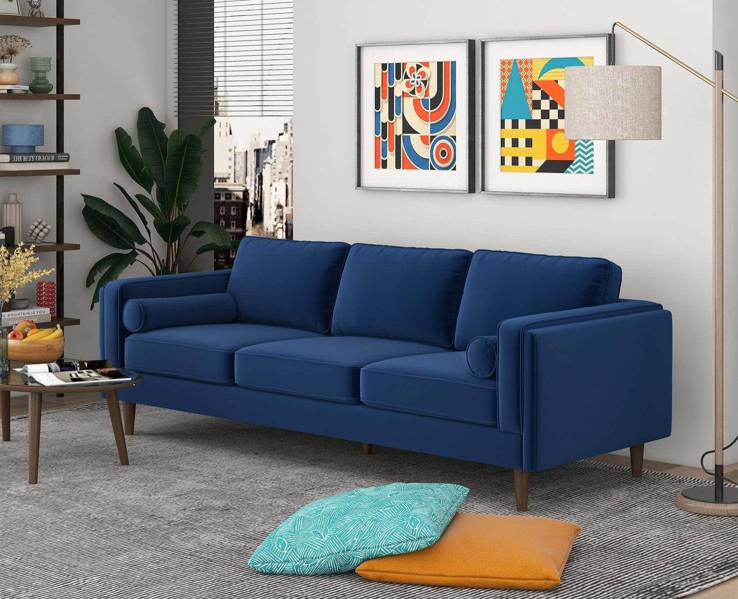 Amber 86" Mid-Century Modern Blue  Velvet Sofa