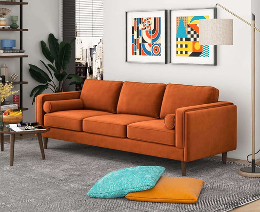 Amber 86" Mid Century Modern Burnt Orange  Velvet Sofa