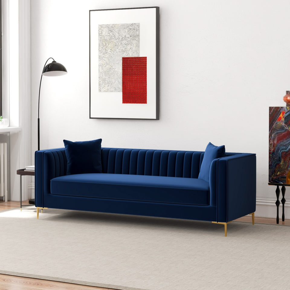 Angelina 84" Mid-Century Modern Dark Blue Velvet Tufted Sofa