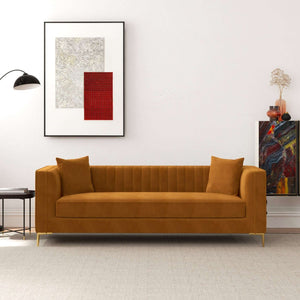 Angelina Cognac Vegan Leather Channel Tufted Sofa