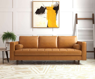 Catherine Tan Leather Mid-Century Modern Sofa