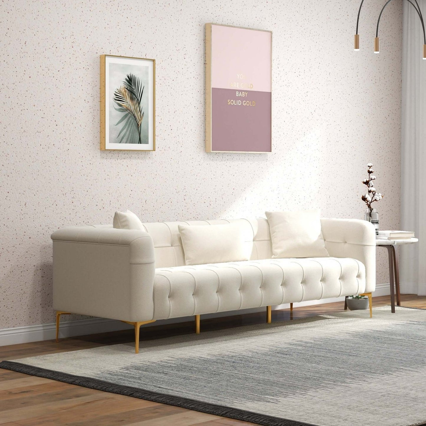 Alessandra Gold Plated Leg French Boucle Sofa In Cream