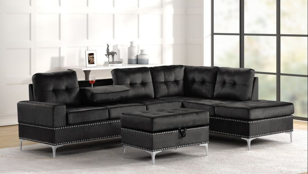 Anserra Black Velvet Reversible Sectional + Ottoman