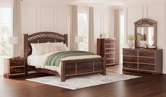 2 Tone Glossy Reddish/Brown Finish Bedroom Set  B1055