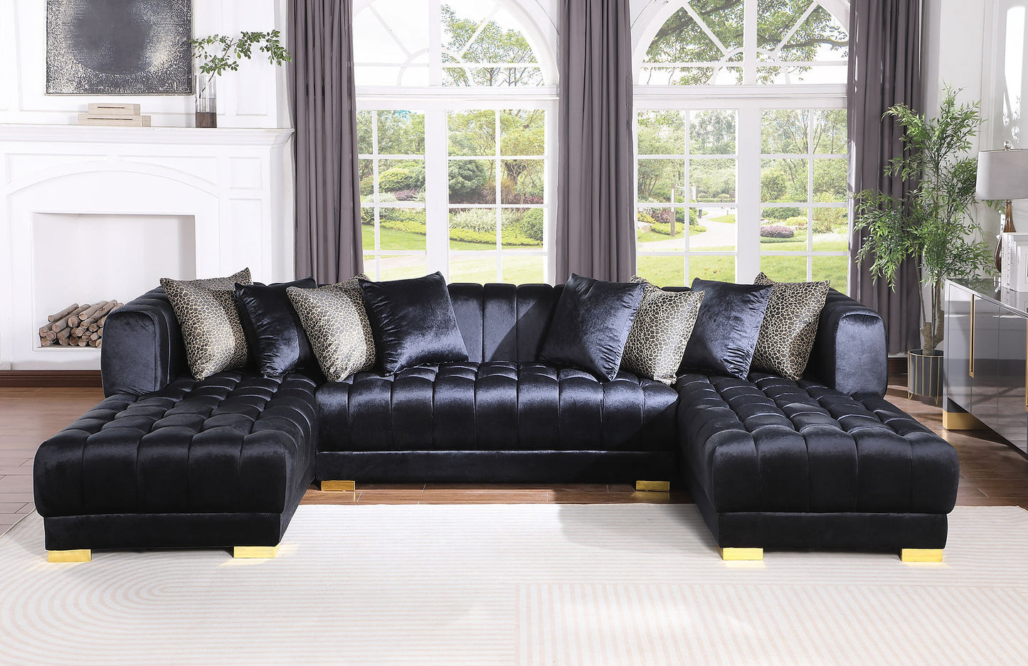 Dasha Black Velvet Double Chaise Sectional S8155