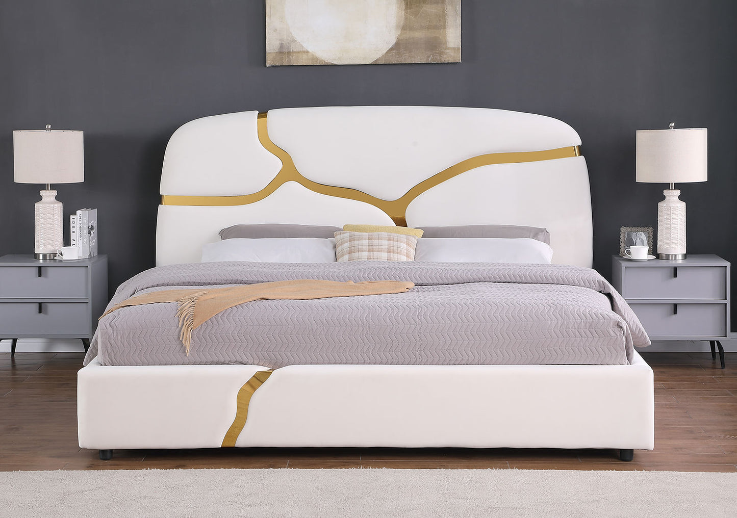 Milan Stone White Velvet/Gold Queen Bed B838