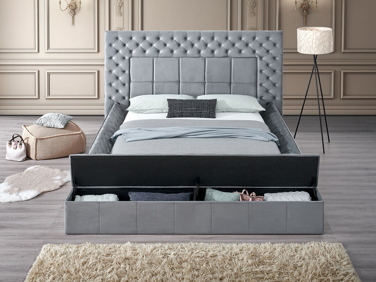 Emerald Grey BLUETOOTH SPEAKERS/STORAGE King Platform Bed B9015