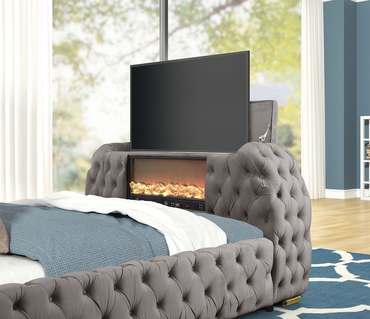 Royal Grey Queen FIREPLACE/TV STAND/BLUETOOTH SPEAKERS Platform Bed B8010