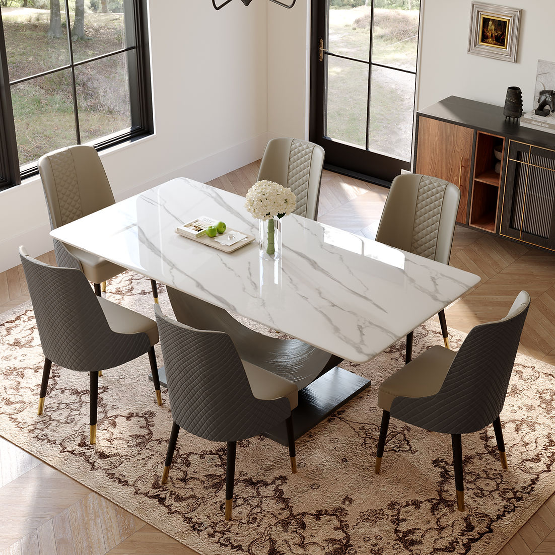 Myla&Rani White 7pc Dining RoomSet ( Sintered Stone)