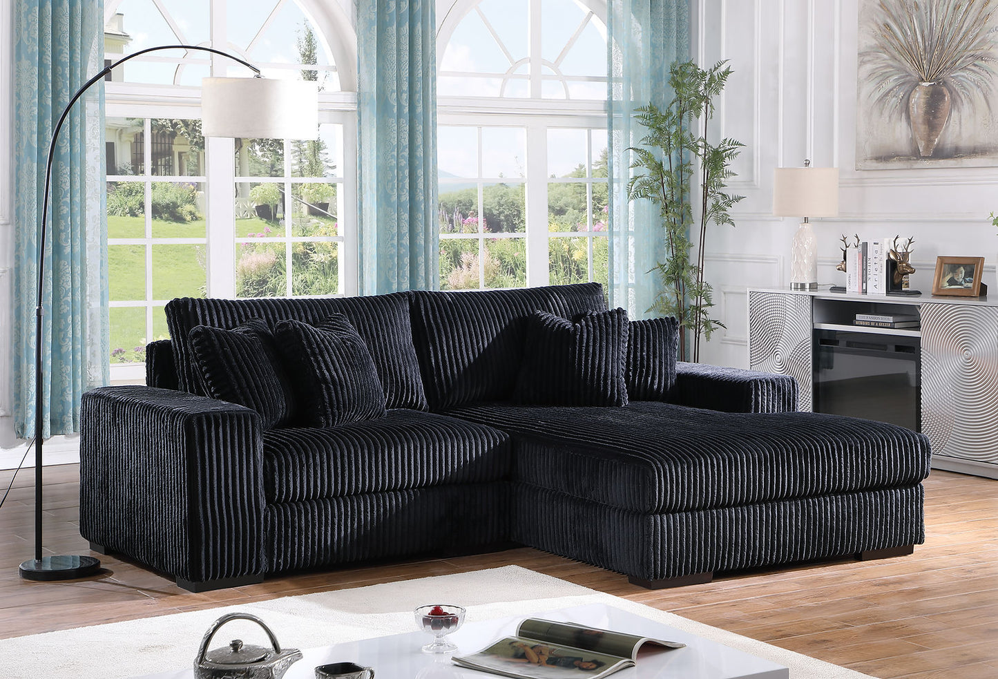 Comfy Black Soft Pin Stripe 2pc Sectional S859