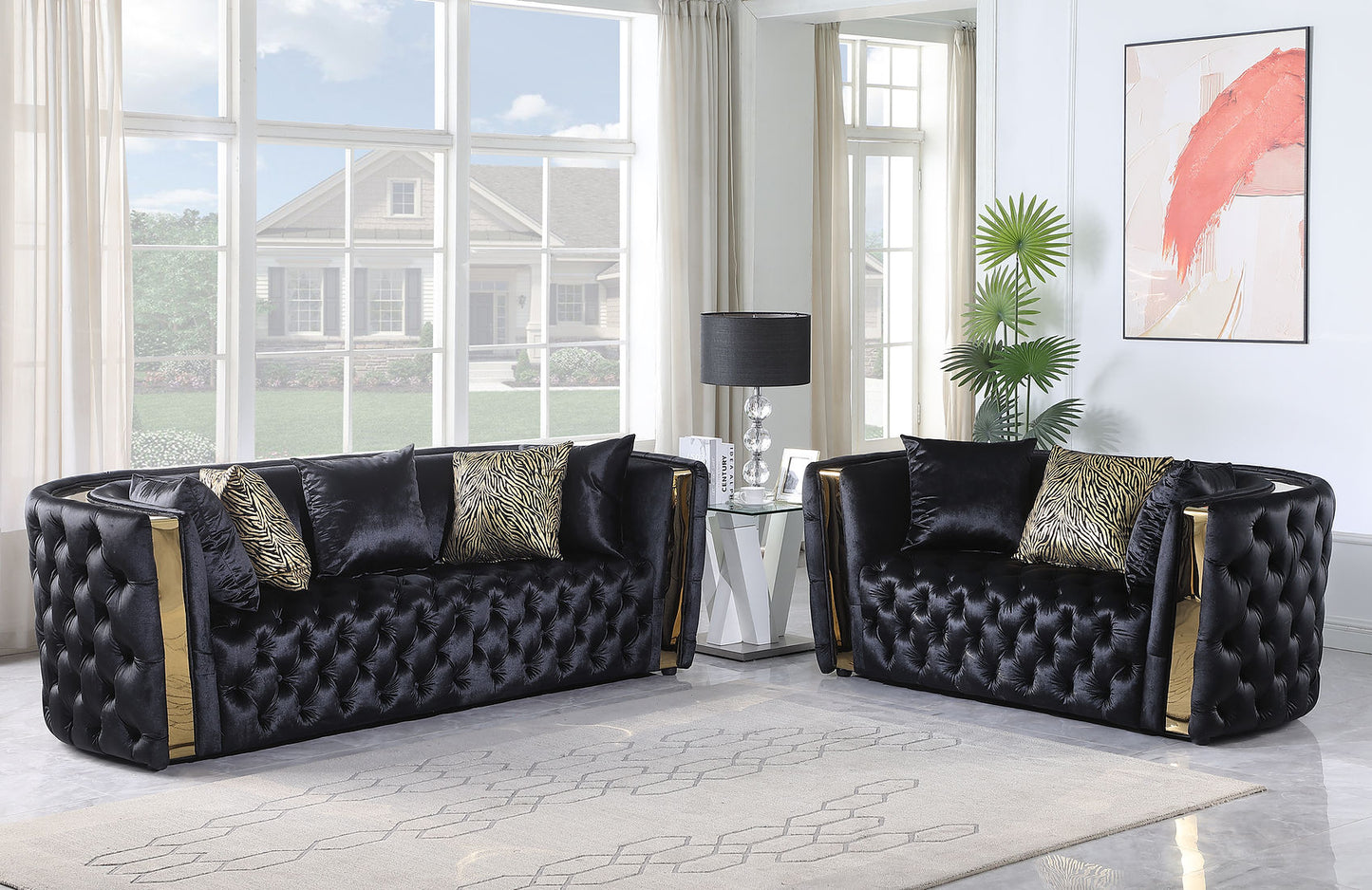 Roka Black Velvet Sofa and Loveseat S8290