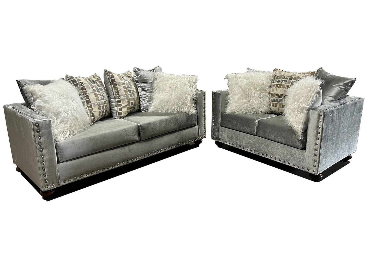 S315 Silver Velvet Sofa and Loveseat