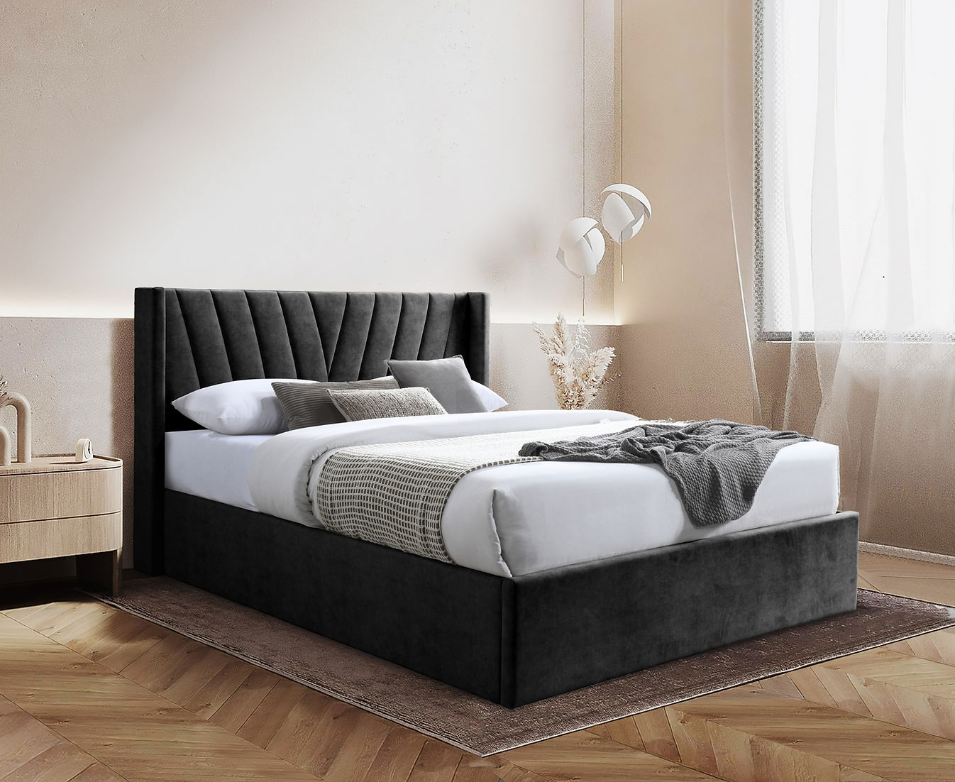 Ellie Black Fabric King Storage Platform Bed B8831