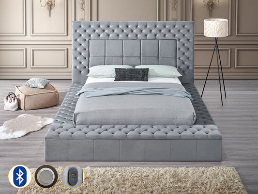 Emerald Grey BLUETOOTH SPEAKERS/STORAGE King Platform Bed B9015