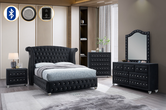 Divination Black Velvet BLUETOOTH SPEAKERS Panel Bedroom Set B2030