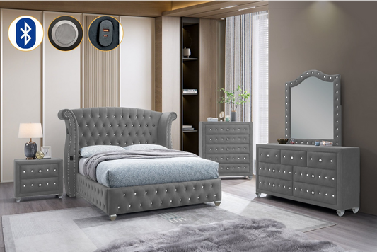 Divination Grey Velvet BLUETOOTH SPEAKERS Panel Bedroom Set B2030