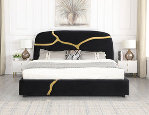 Milan Stone Black Velvet/Gold Queen Bed