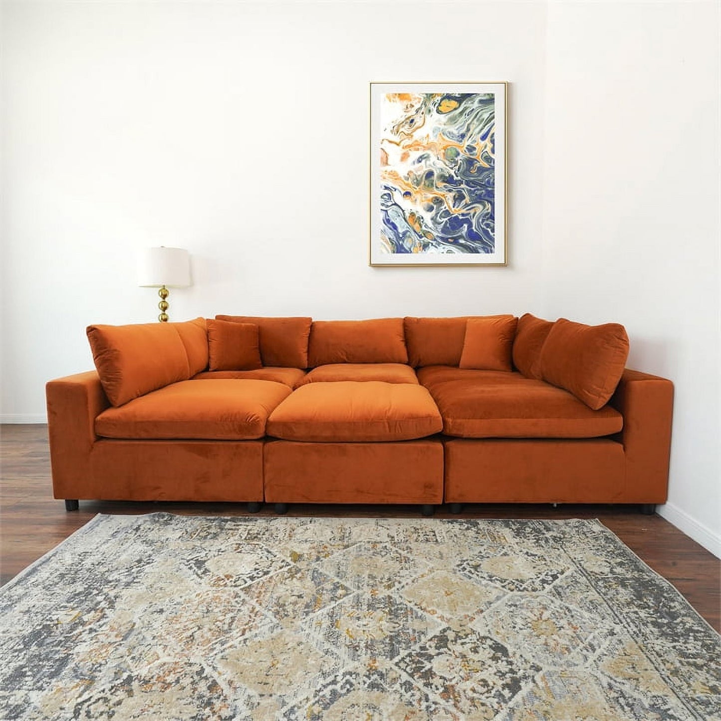 Laven Mid-Century Modern 6pc Burnt Orange Velvet Sectional