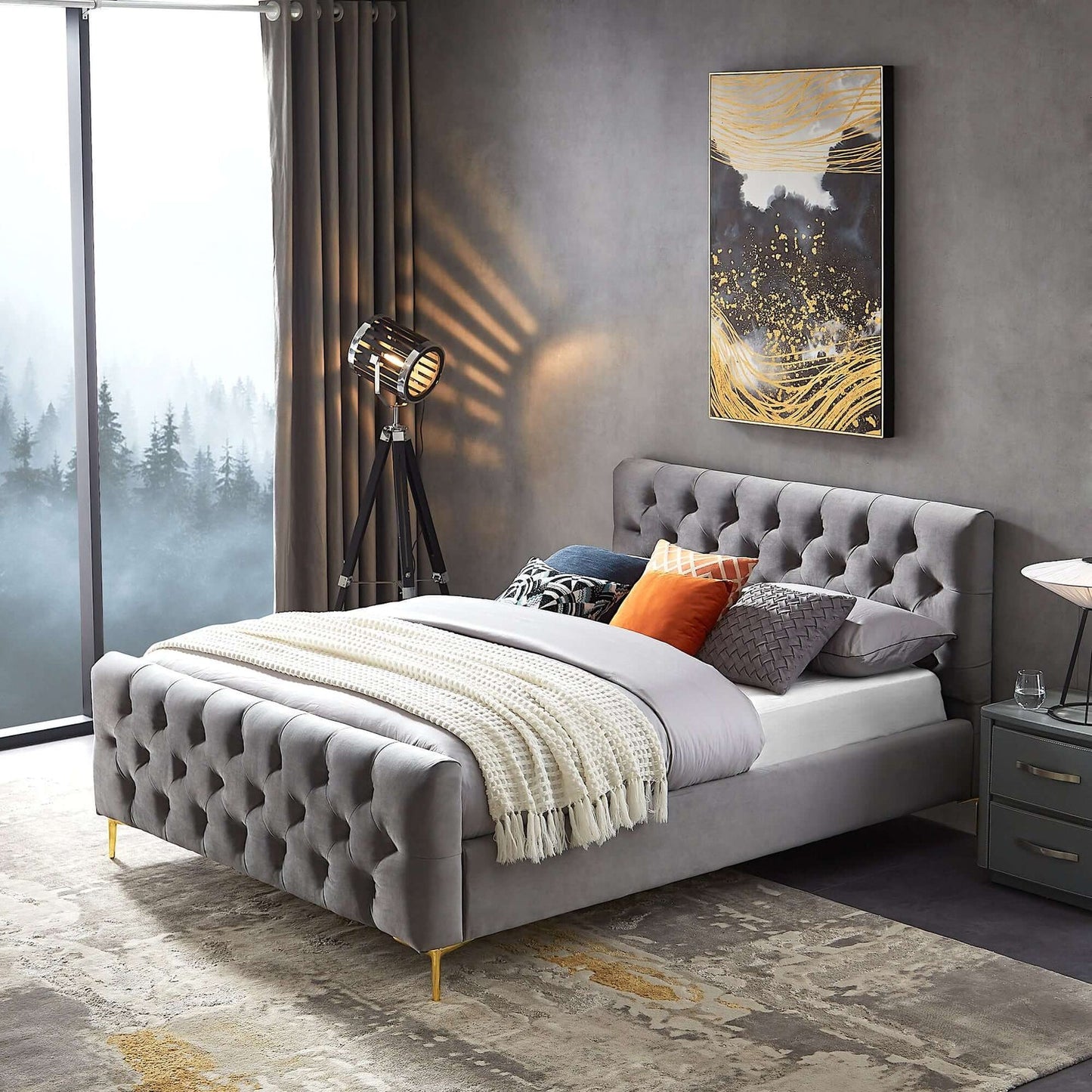 Bailey Grey Velvet Upholstered Queen Platform Bed