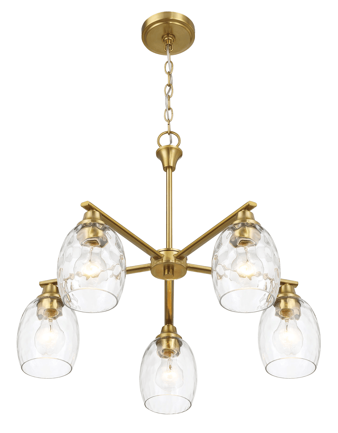 Elegance Five Lights Linear Arms with Golden Brass Finish Chain Chandelier 24"W × 8.5"H with Clear Water Glass