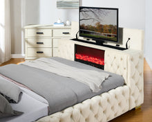 Load image into Gallery viewer, Future Beige Velvet FIREPLACE/BLUETOOTH SPEAKERS/TV STAND Platform Bed