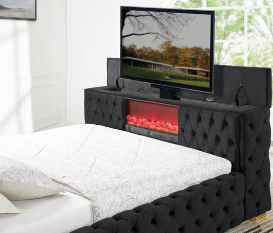 Future Black Velvet FIREPLACE/BLUETOOTH SPEAKERS/TV STAND Platform Bed