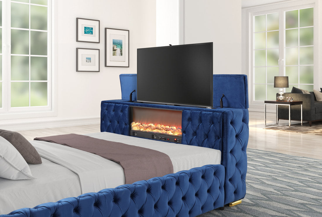 Future Blue Velvet FIREPLACE/BLUETOOTH SPEAKERS/TV STAND Platform King Bed