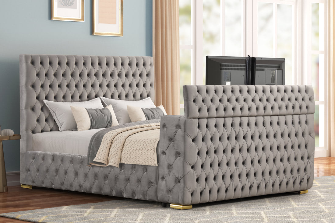 Future Grey Velvet FIREPLACE/BLUETOOTH SPEAKERS/TV STAND Platform Queen Bed