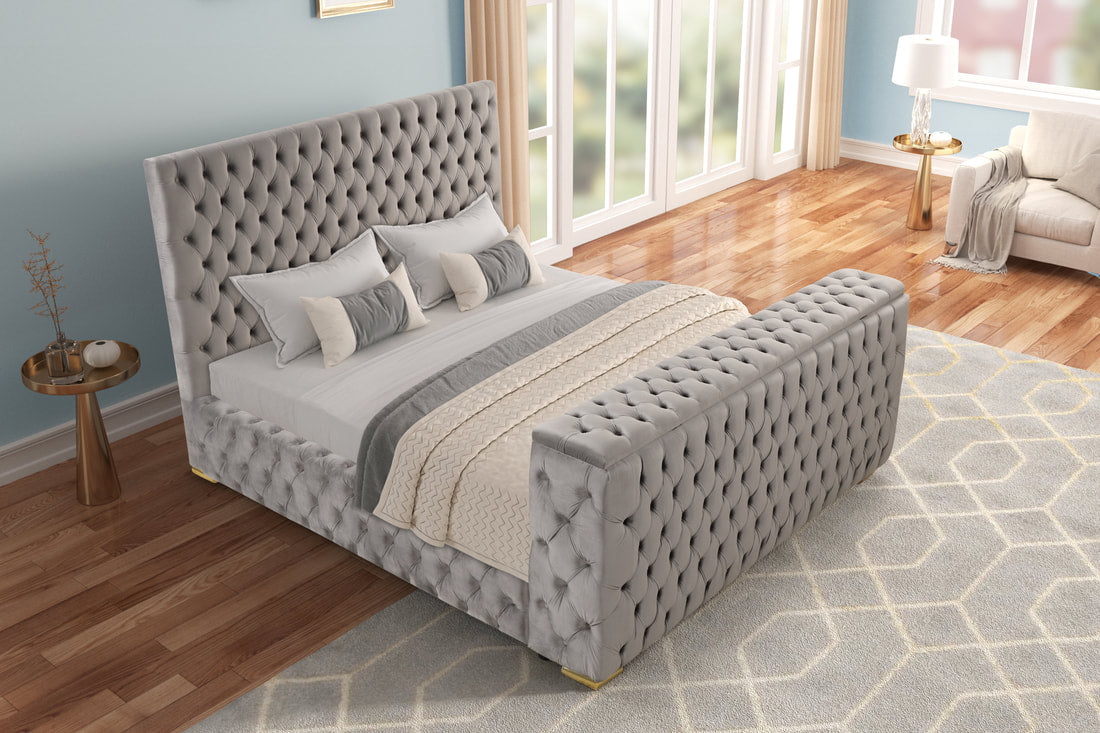 Future Grey Velvet FIREPLACE/BLUETOOTH SPEAKERS/TV STAND Platform Queen Bed