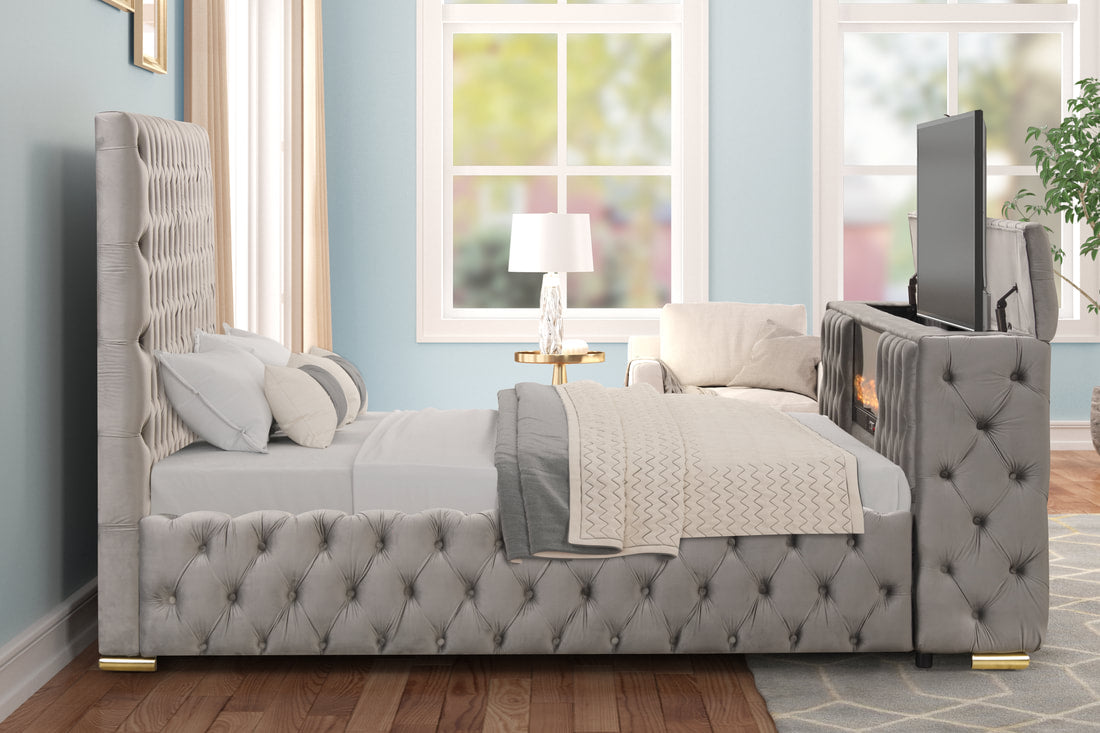 Future Grey Velvet FIREPLACE/BLUETOOTH SPEAKERS/TV STAND Platform Queen Bed