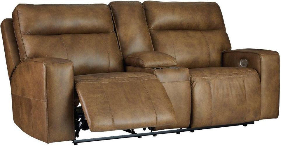 Game Plan Caramel GENUINE LEATHER/POWER Reclining Sofa and Loveseat U15206