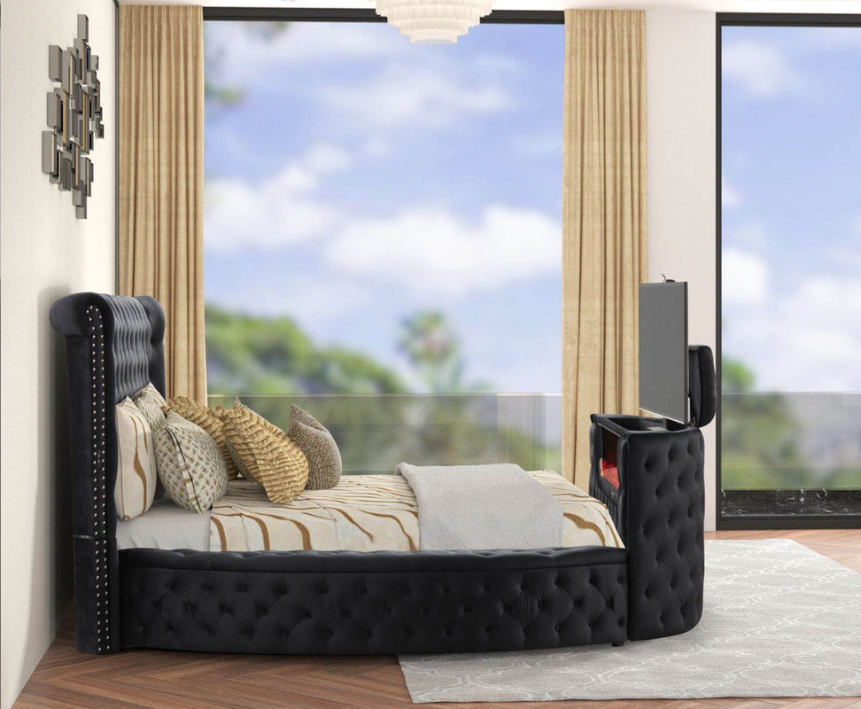 Voltare Black Velvet FIREPLACE/TV STAND King Platform  Bed 5212