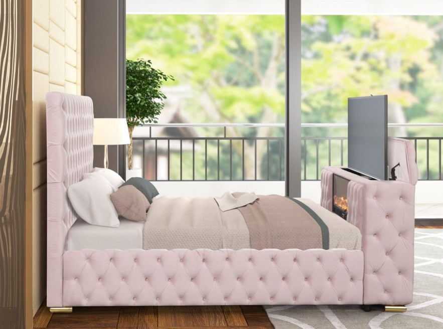 Future Pink Velvet FIREPLACE/BLUETOOTH SPEAKERS/TV STAND Platform Queen Bed