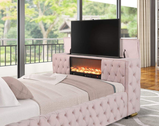 Future Pink Velvet FIREPLACE/BLUETOOTH SPEAKERS/TV STAND Platform Bed